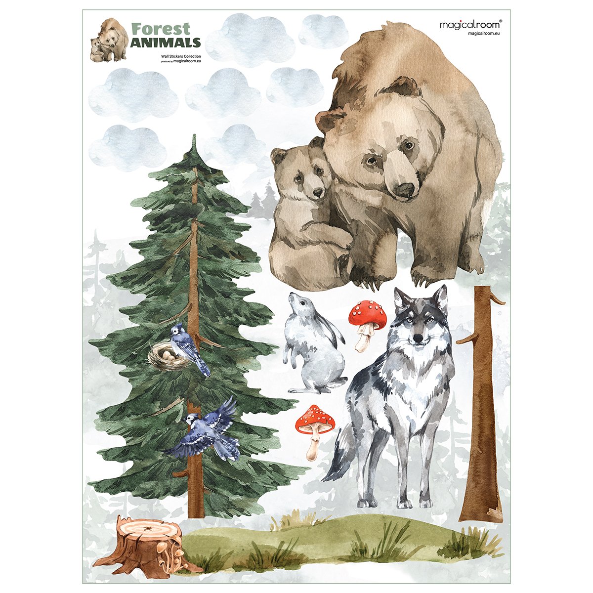 Naklejka na ścianę dla dziewczynki niedźwiedź i wilk