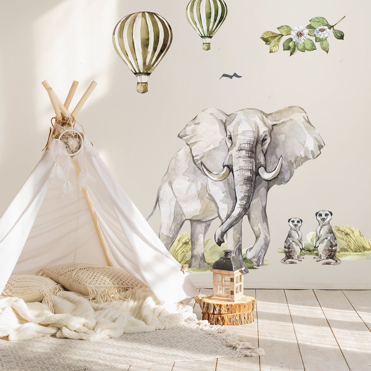 Naklejki na ścianę dla dzieci balony i słoń na afrykańskim safari