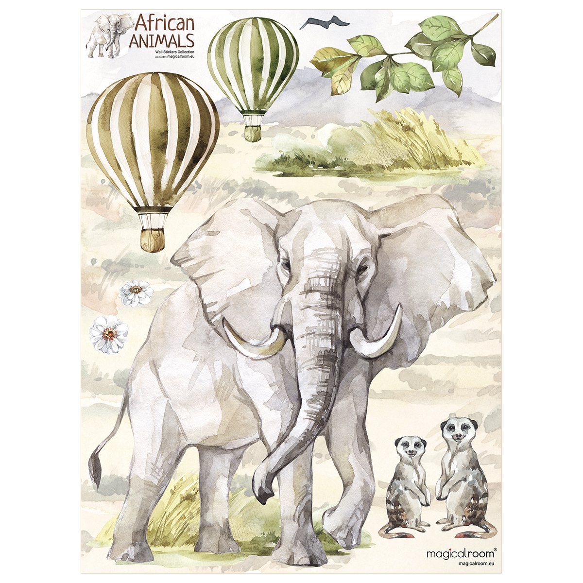 Naklejki na ścianę dla dzieci słoń afrykański i surykatki