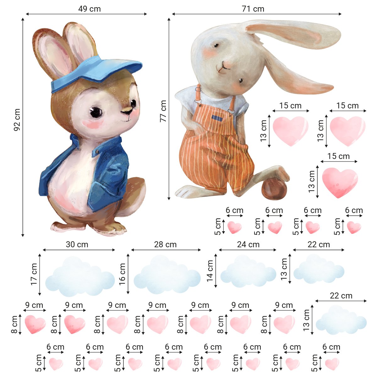 Naklejka na ścianę królik w ogrodniczkach i królik w kurtce do pokoju chłopca