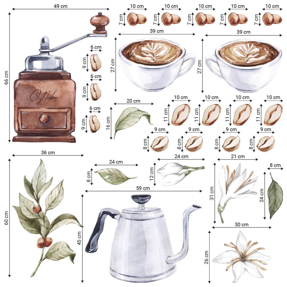 Kuchenne naklejki ścienne z młynkiem i filiżankami kawy