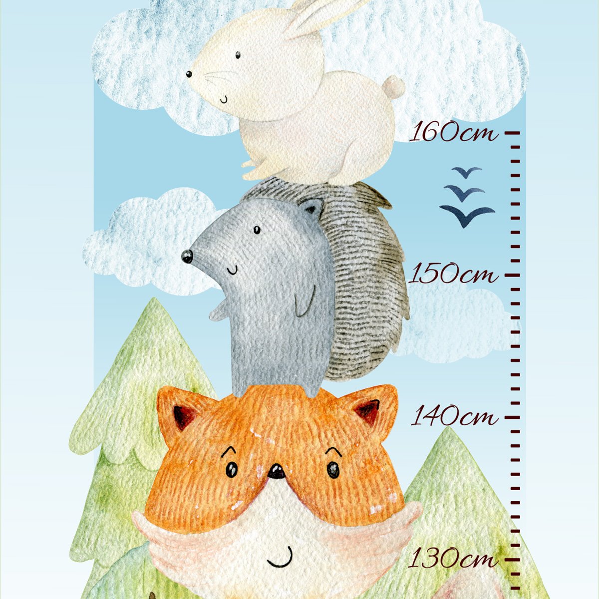 Naklejka miarka wzrostu dla dziewczynki wesołe zwierzęta leśne na tle wysokiego lasu