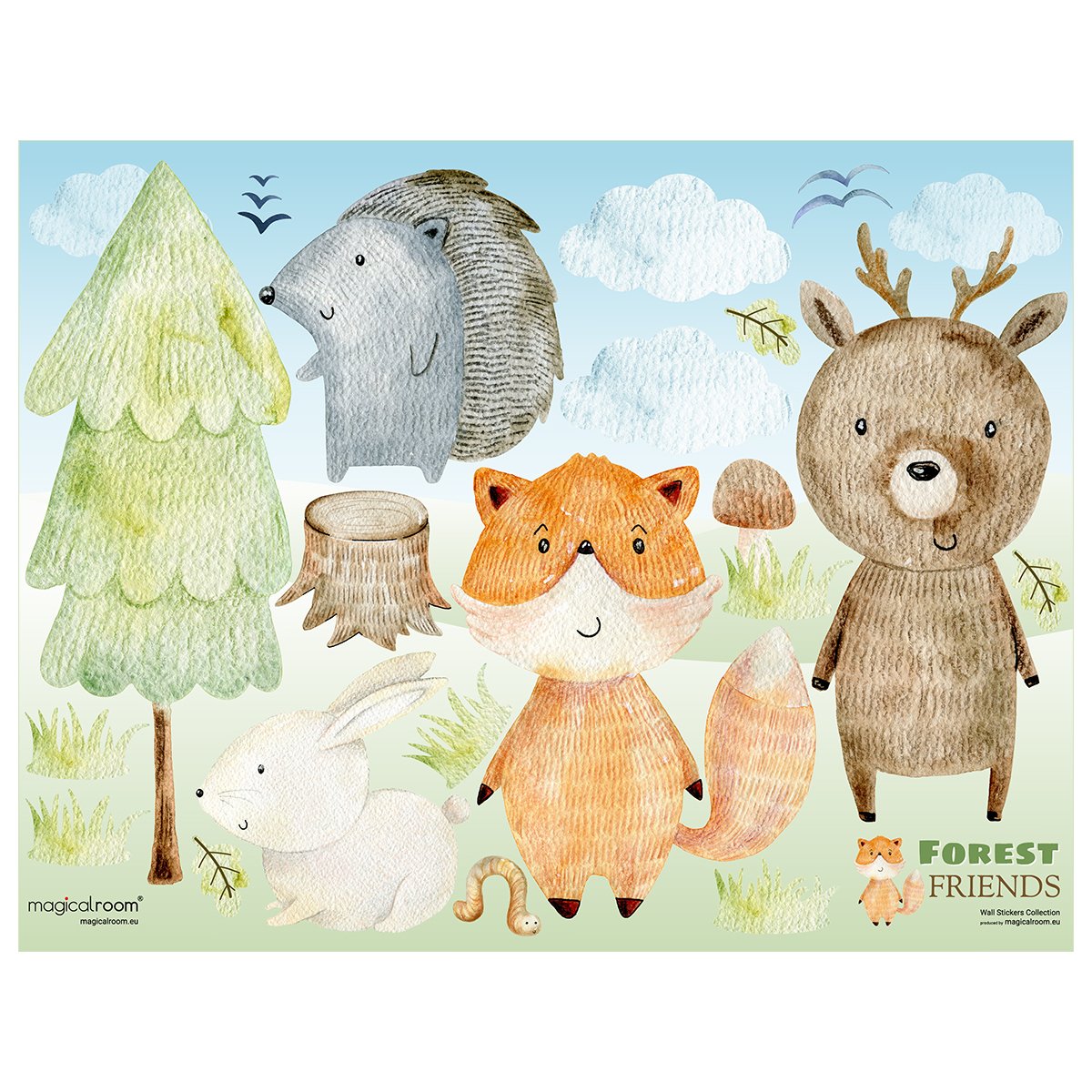 Naklejka na ścianę dla małych dzieci akwarelowe zwierzęta leśne i zielony las