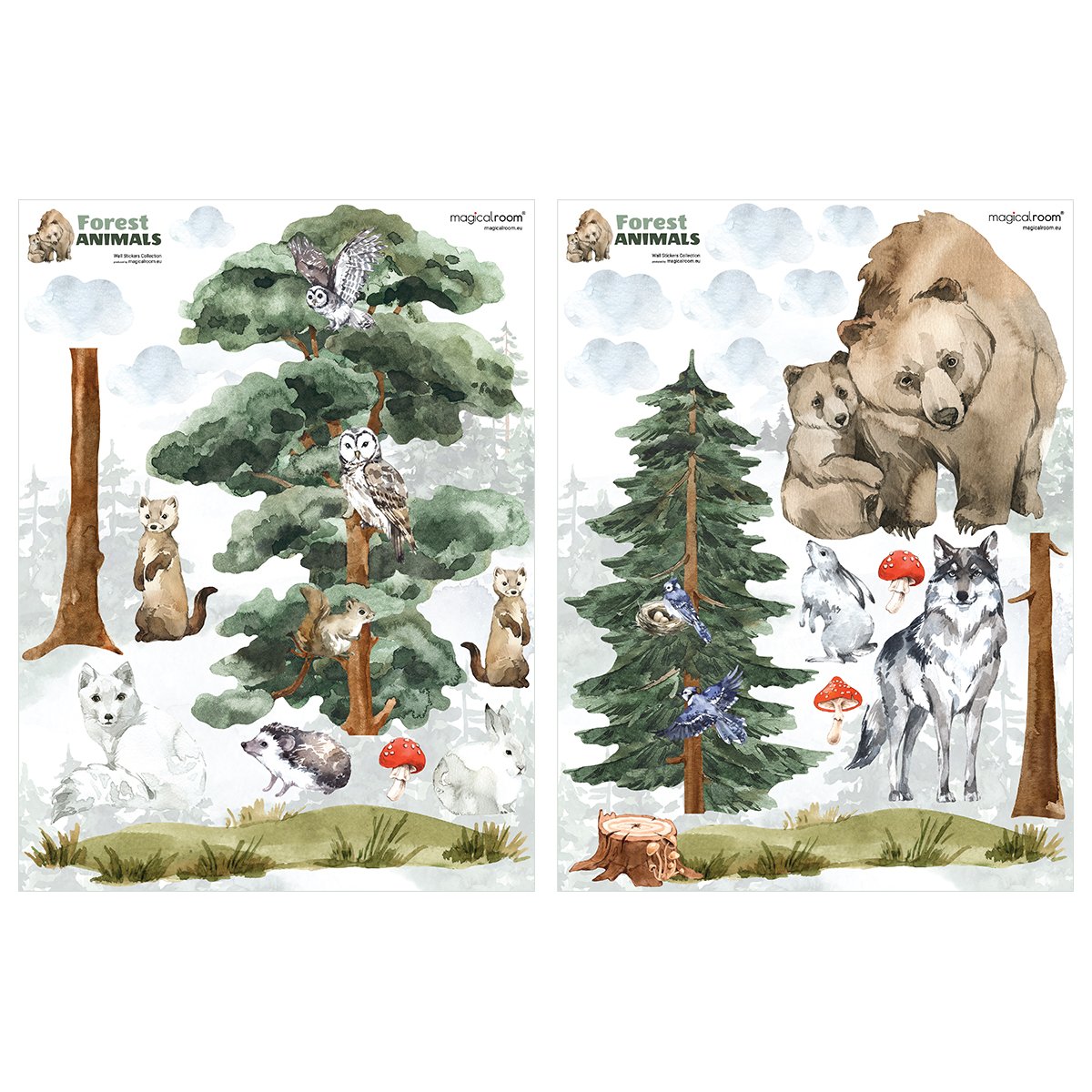 Duża naklejka na ścianę dla dzieci zwierzęta leśne, miś, wilk, wiewiórka i las