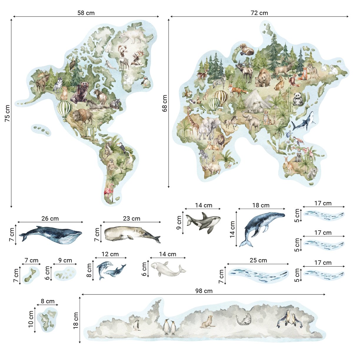 Naklejka dla dziecka kolorowa mapa świata z dzikimi zwierzętami