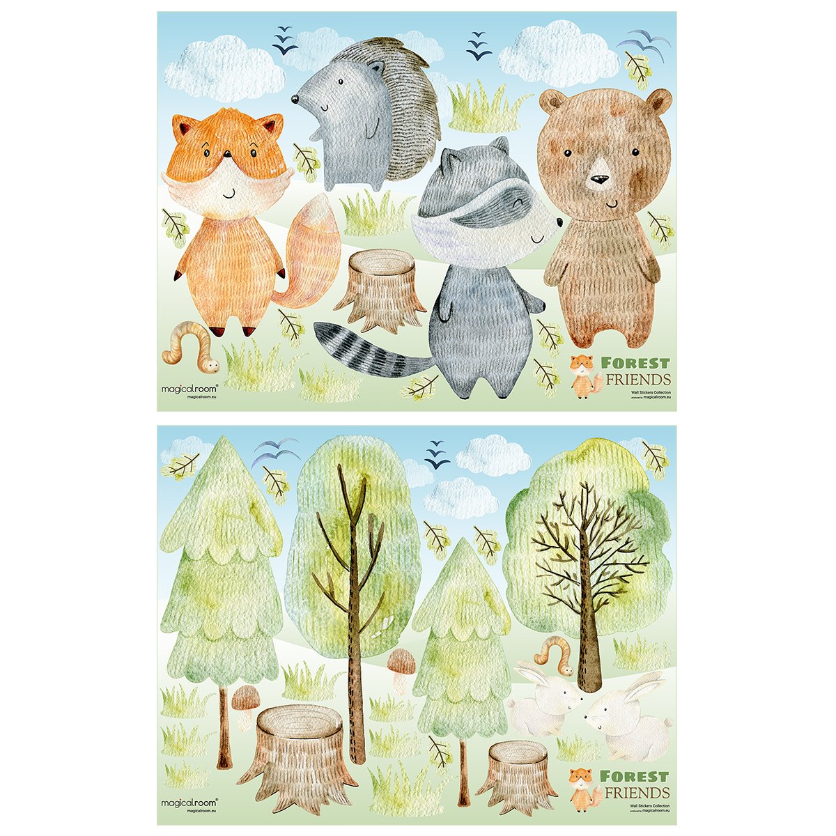 Naklejka na ścianę dla dziewczynki zielony las i zwierzęta leśne