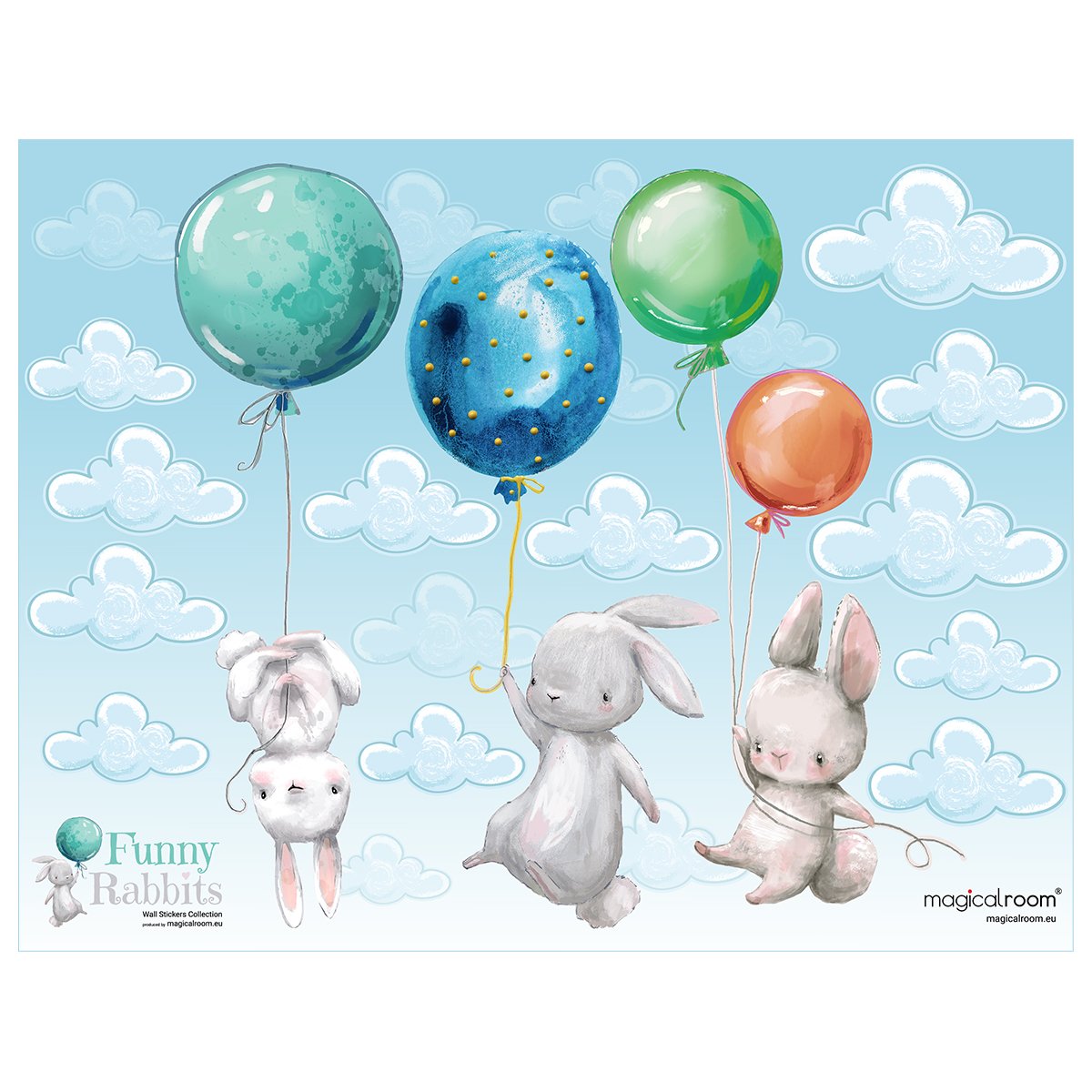 Naklejka królik i kolorowe latające baloniki#kolor_kolorowy