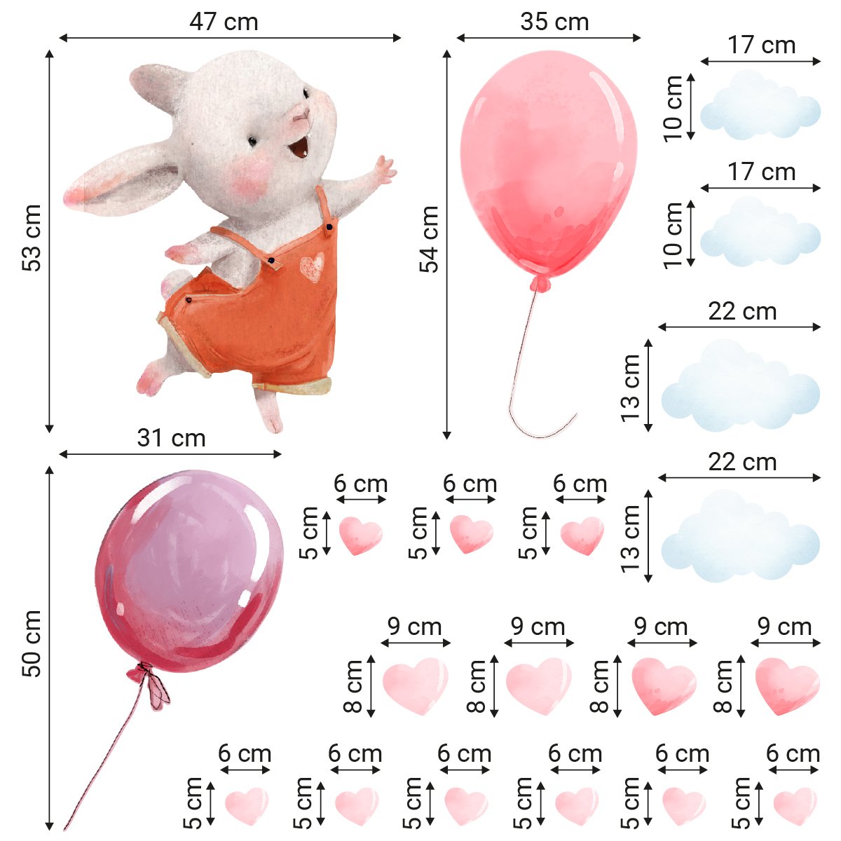 Kolorowa naklejka na ścianę królik i balony do pokoju dziecka