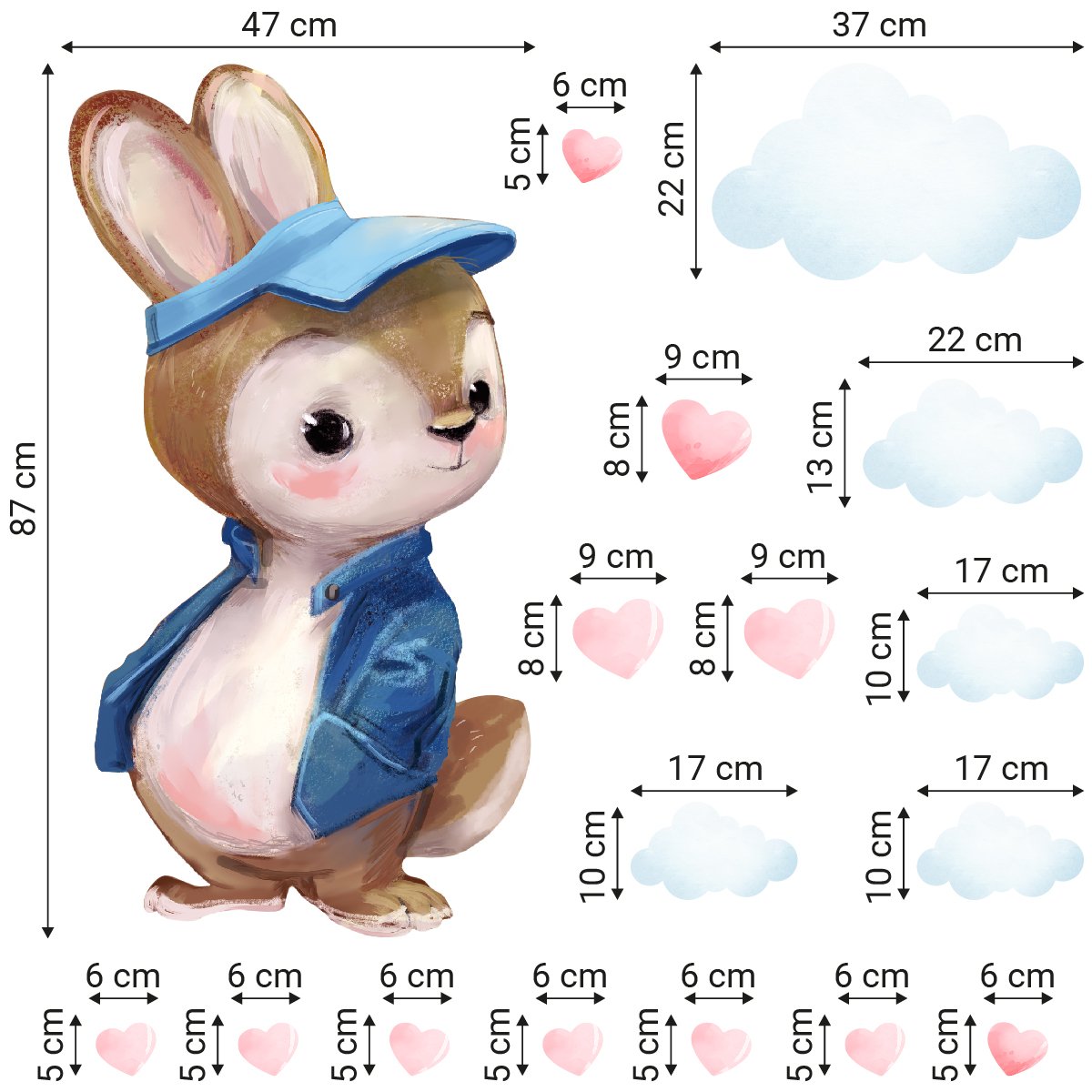 Kolorowa naklejka na ścianę królik, serca i chmurki do pokoju chłopca