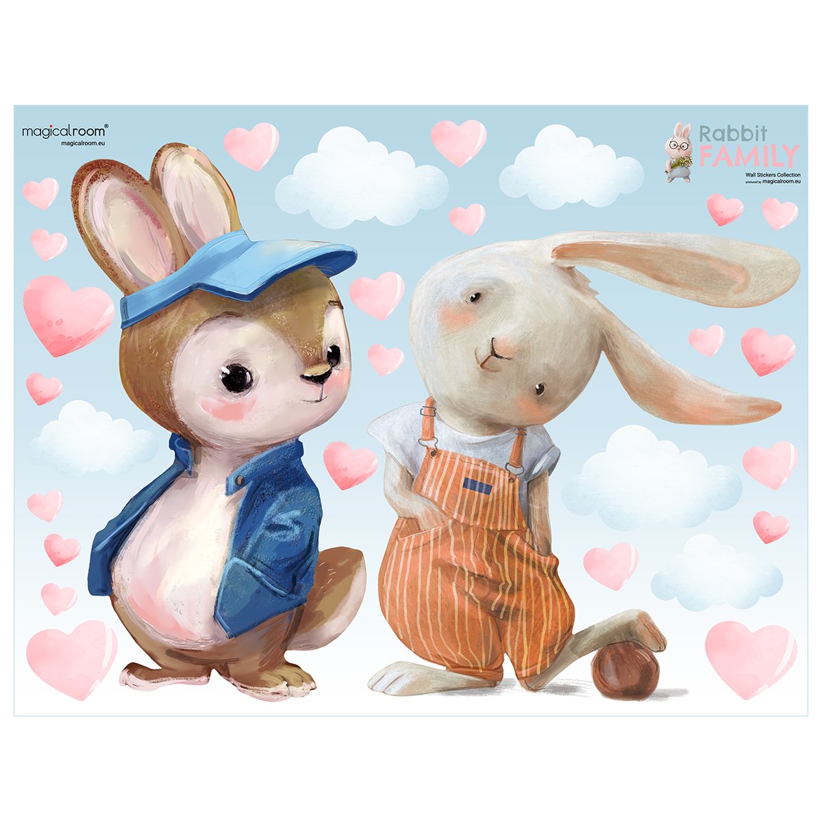 Duża naklejka na ścianę dwa królik i chmury do pokoju chłopca