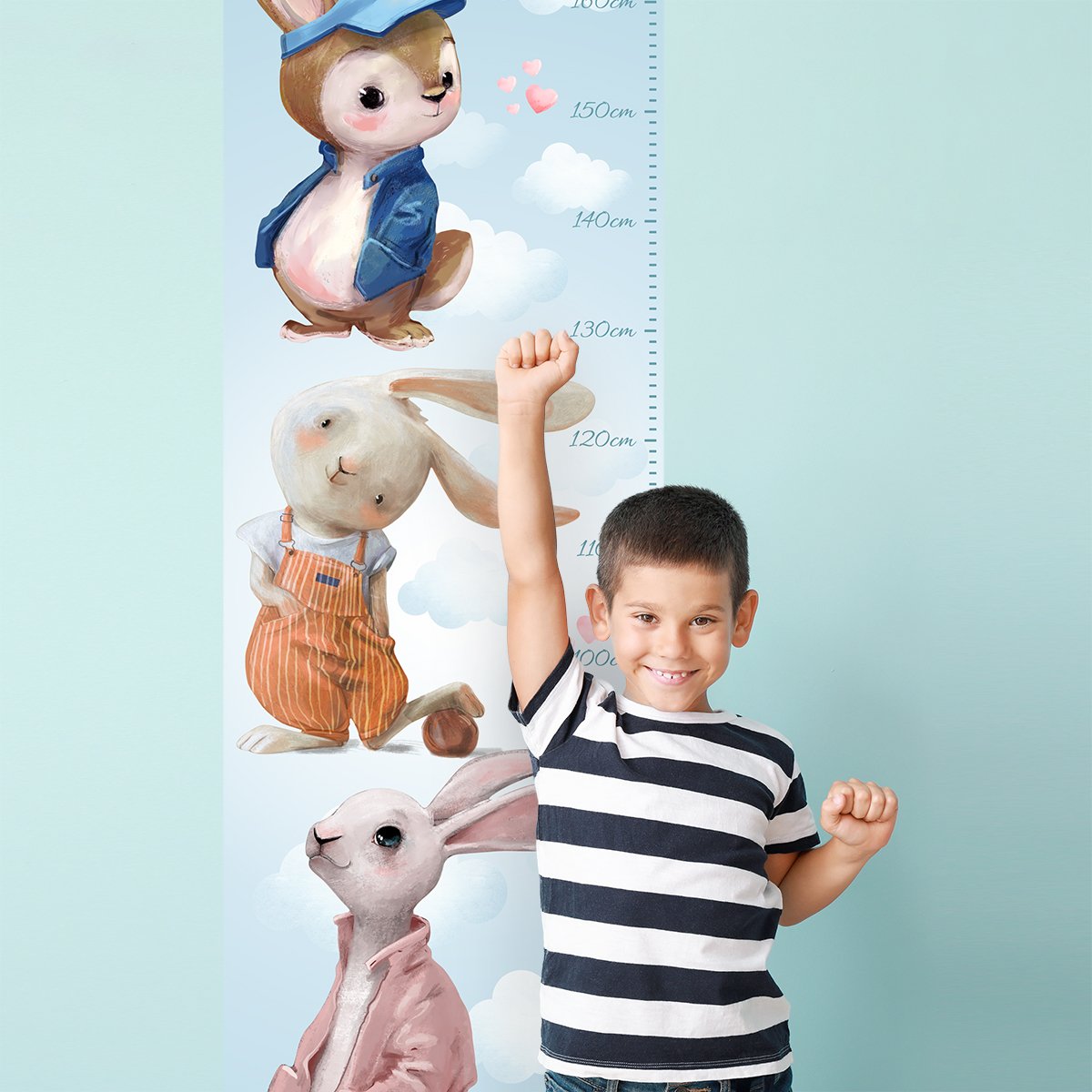 Naklejka miarka wzrostu dla chłopca trzy króliki