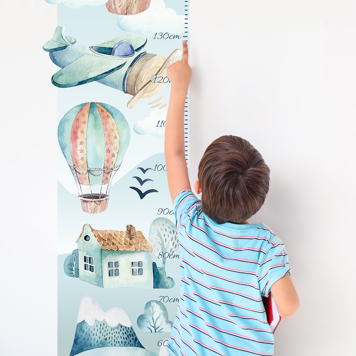 Naklejka na ścianę miarka wzrostu dla dzieci - balony i samoloty
