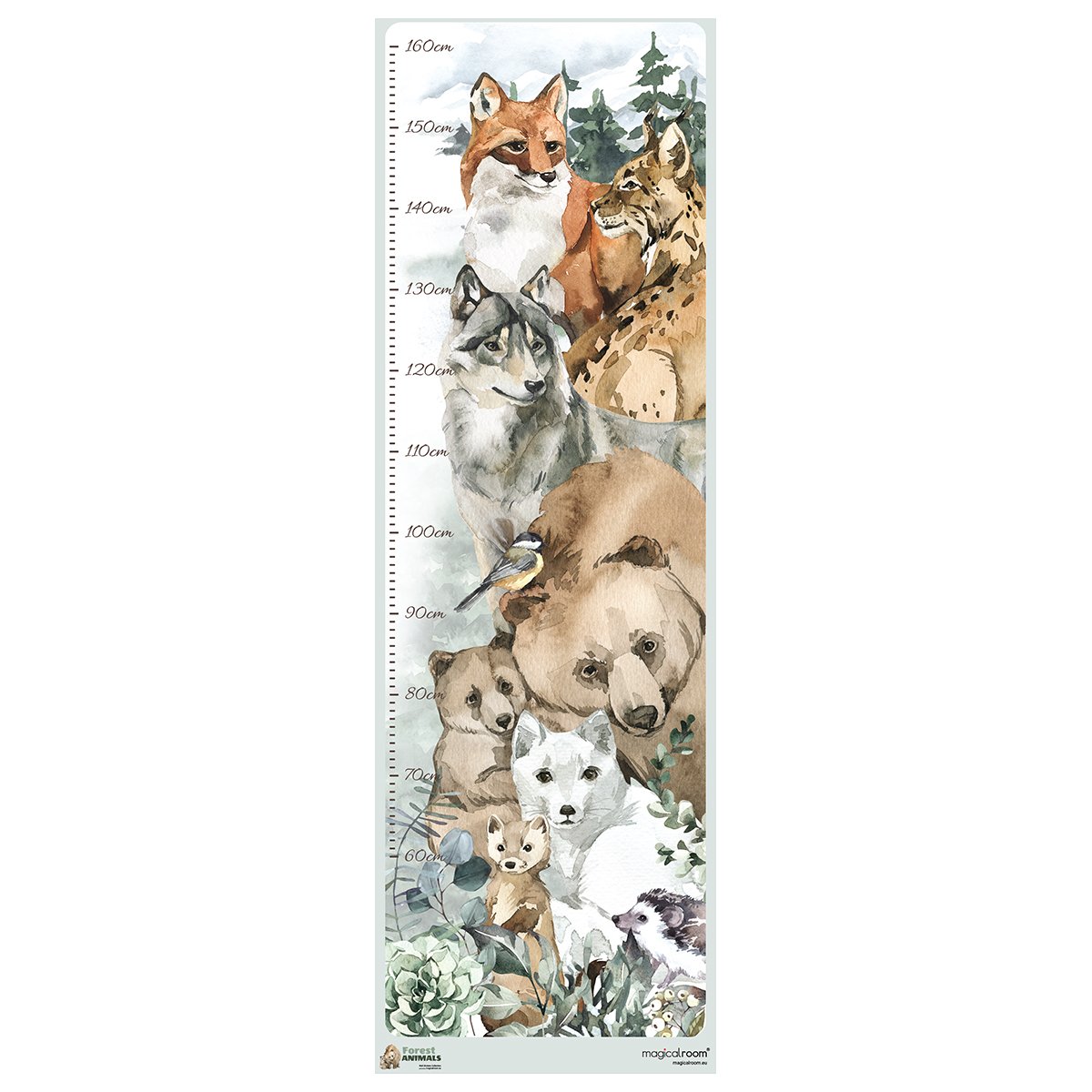 Naklejka na ścianę miarka wzrostu dla dzieci leśne zwierzęta