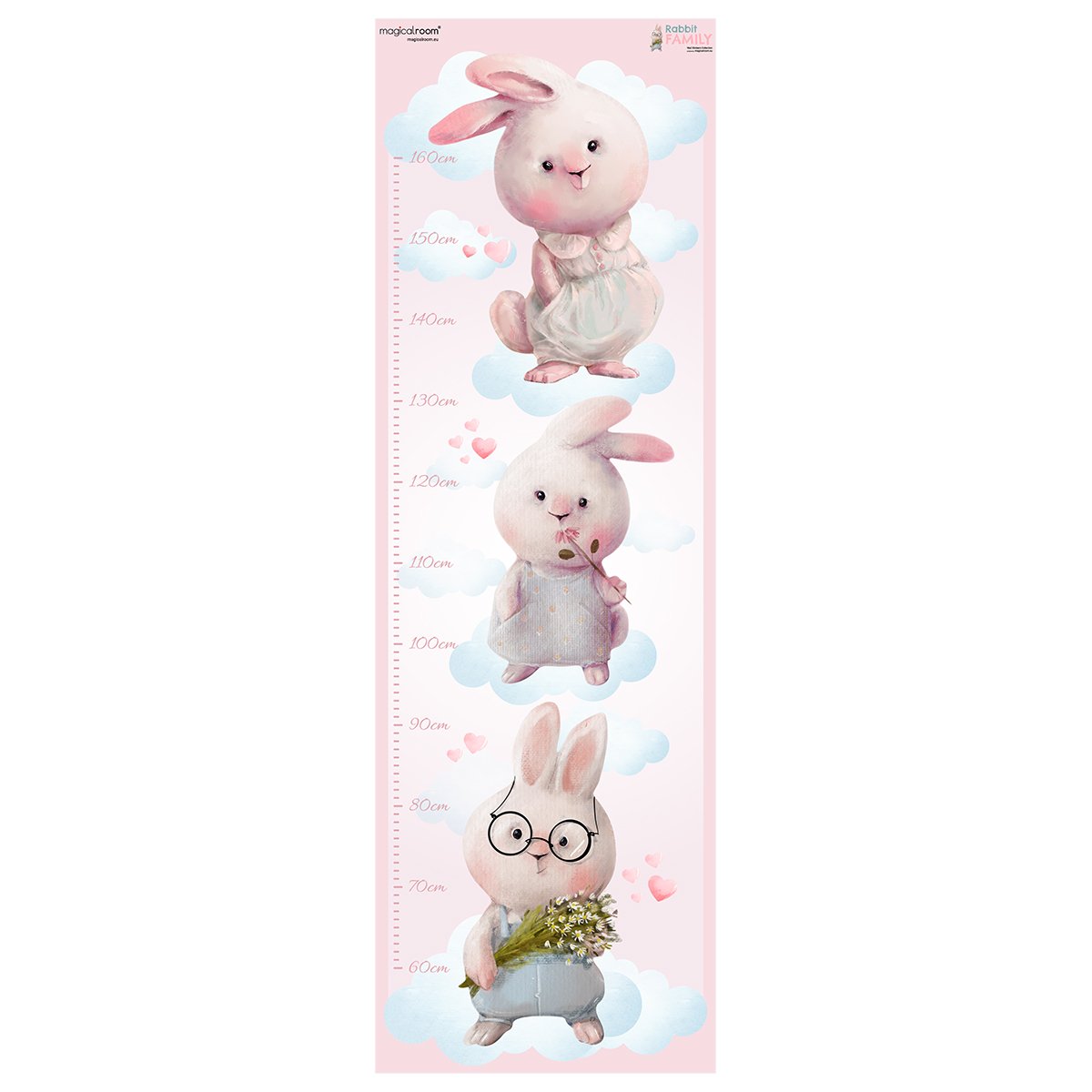 Naklejka na ścianę miarka wzrostu dla dziewczynki trzy wesołe króliczki
