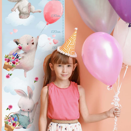 Naklejka miarka wzrostu dla dziewczynki - króliczki i balony