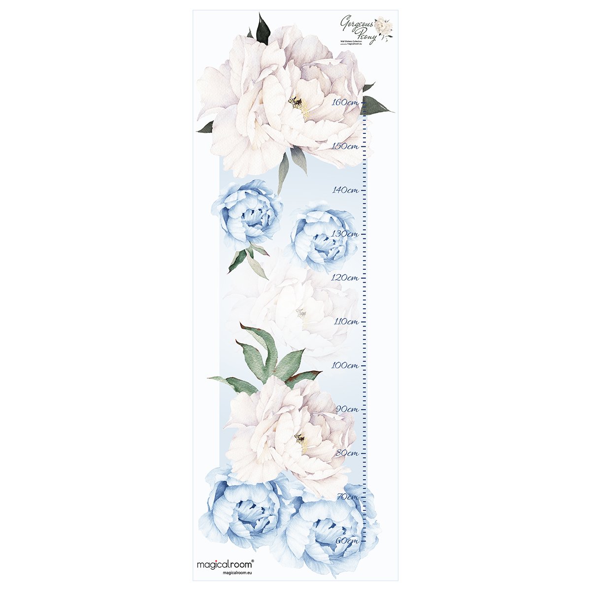 Naklejka na ścianę miarka wzrostu dla dziewczynki białe piwonie#kolor_niebieski