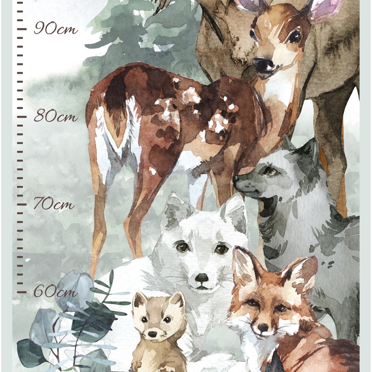 Naklejka na ścianę miarka wzrostu dla dzieci las, sarenka i lisek