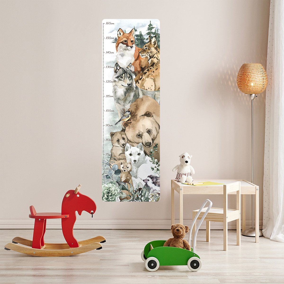 Naklejka na ścianę miarka wzrostu dla chłopca las i zwierzęta leśne