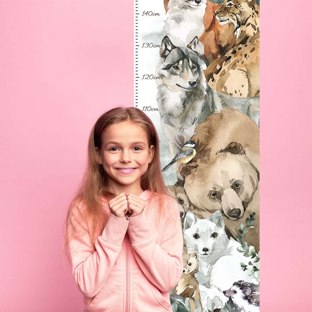 Naklejka na ścianę dla dziewczynki miarka wzrostu zwierzęta leśne