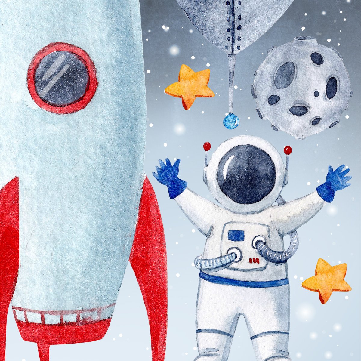 Naklejka na ścianę dla chłopca asteroida, rakieta kosmiczna i gwiazdy
