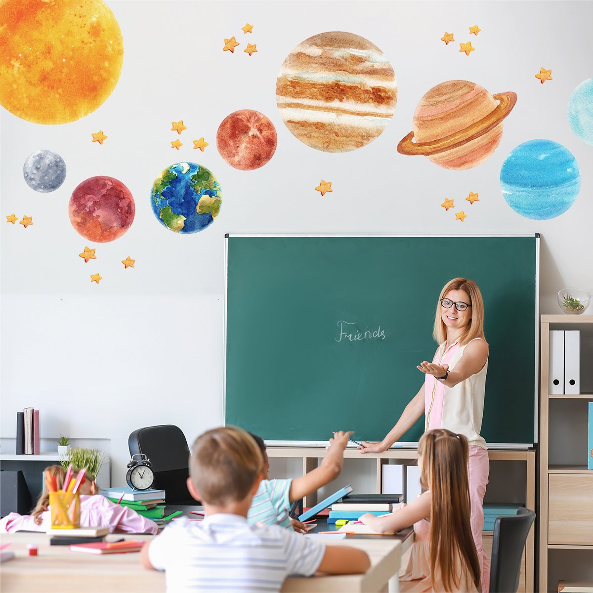 Kolorowe naklejki na ścianę do szkoły układ słoneczny, planety, mars, ziemia i słońce
