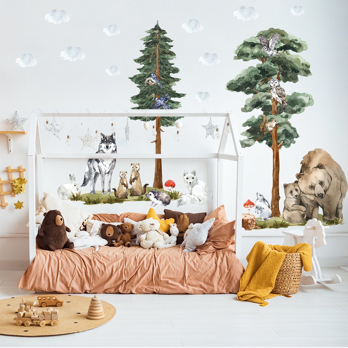 Naklejka na ścianę dla dzieci - zwierzęta leśne i drzewa - duży zestaw