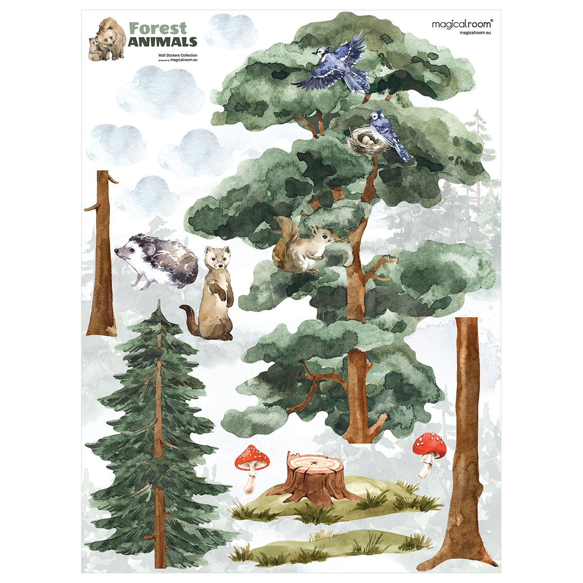 Naklejka na ścianę do pokoju dziecięcego wysokie drzewa i zwierzęta
