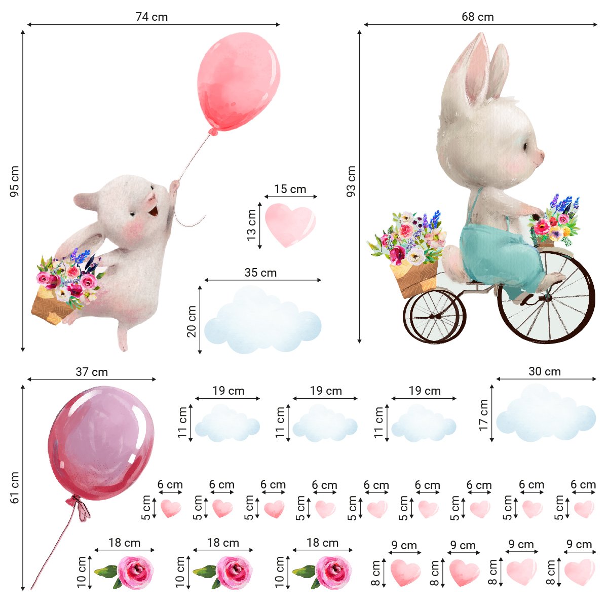 Kolorowe naklejki na ścianę króliki, balony i chmurki do pokoju dziecięcego