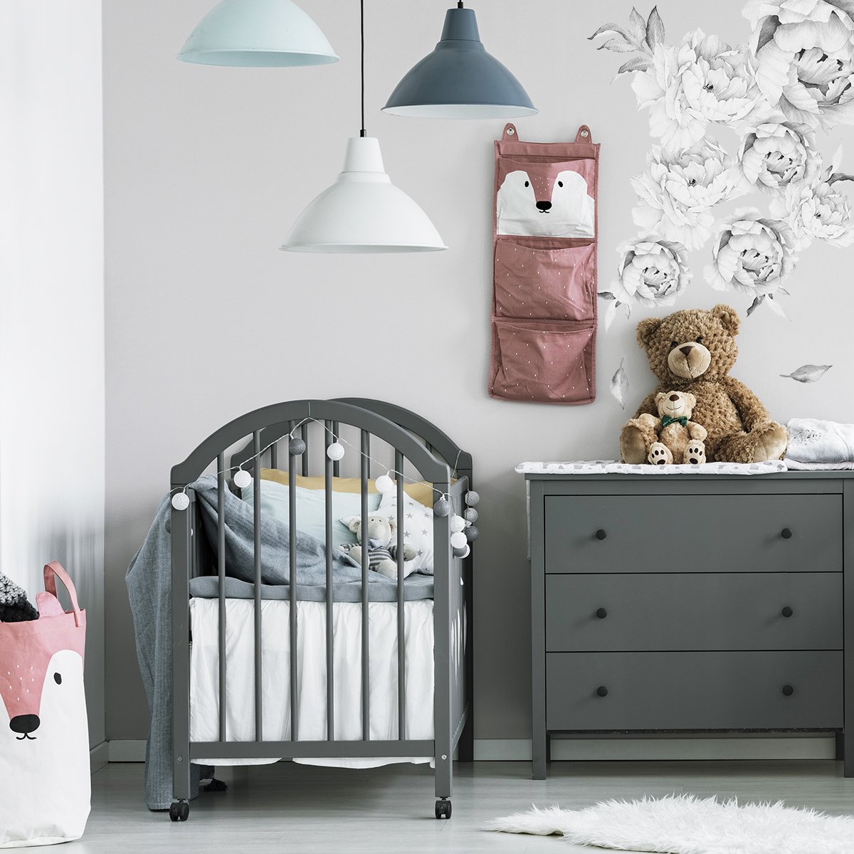 Naklejka na ścianę szare kwiaty i liście do pokoju dziecięcego#kolor_szary