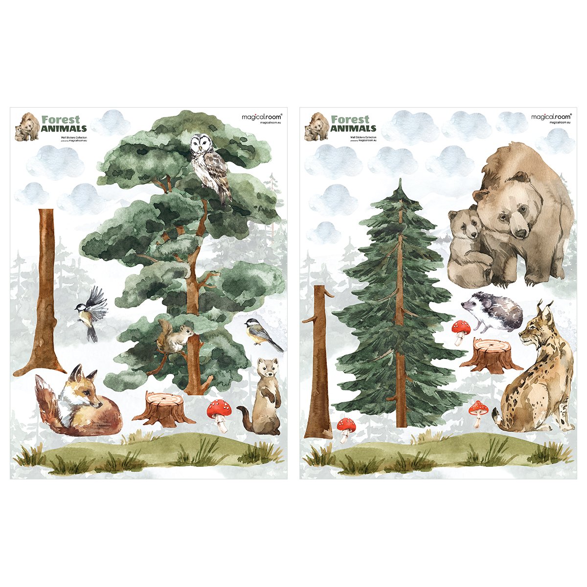 Duża naklejka na ścianę dla dzieci las i zwierzęta leśne