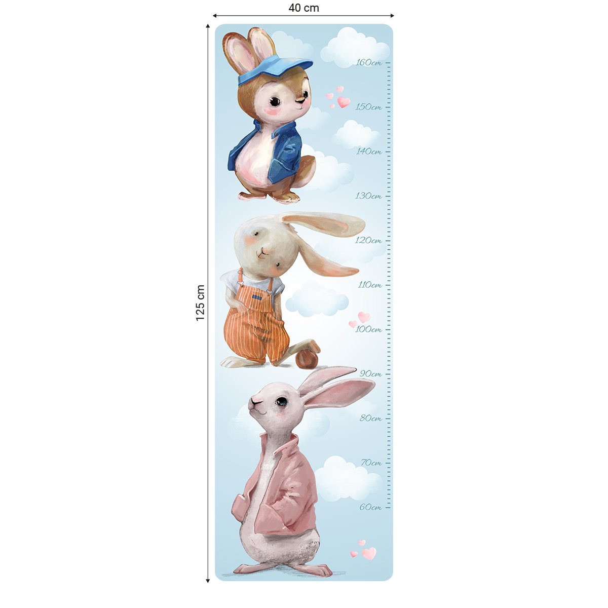 Naklejka na ścianę miarka wzrostu dla chłopca trzy radosne króliczki
