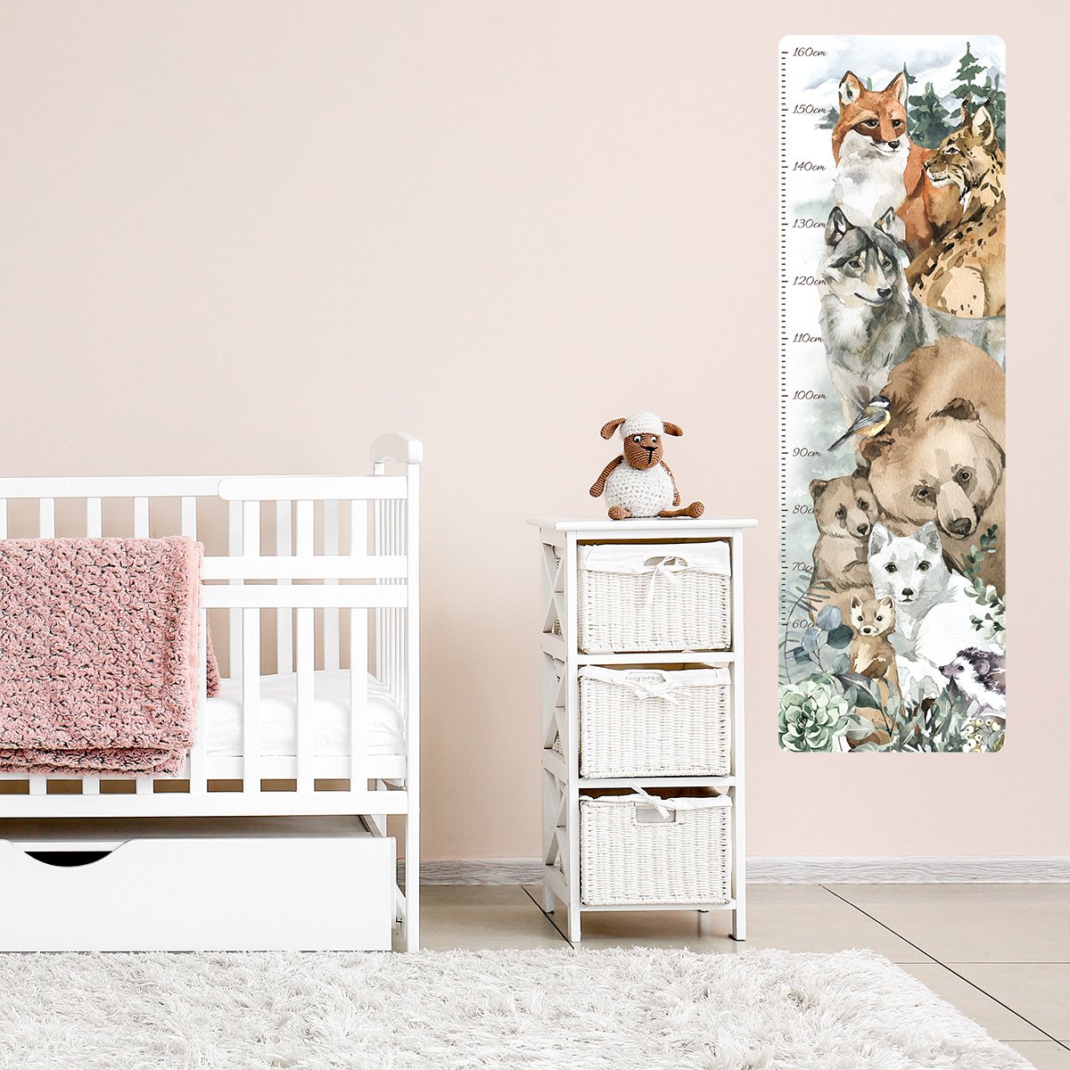 Naklejka na ścianę miarka wzrostu dla dzieci zwierzęta, miś, kuna, lis, wilk i ryś