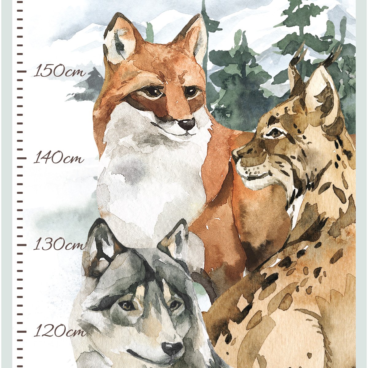 Naklejka na ścianę miarka wzrostu dla dzieci lis, rys i wilk
