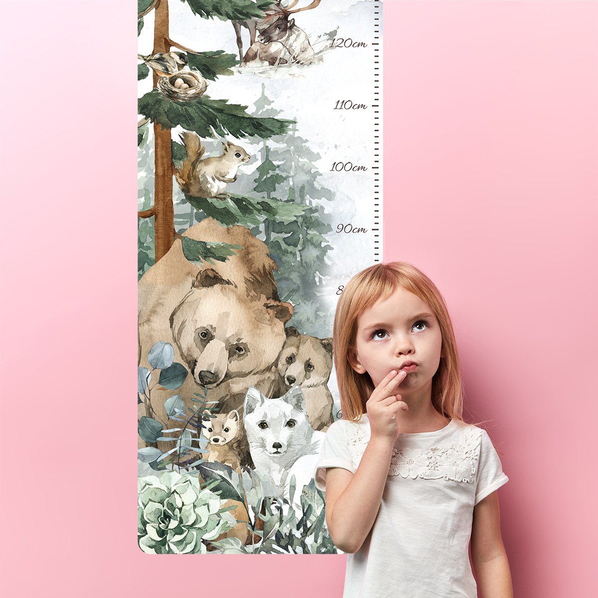 Naklejka na ścianę miarka wzrostu dla dziewczynki miś, lis i wiewiórka