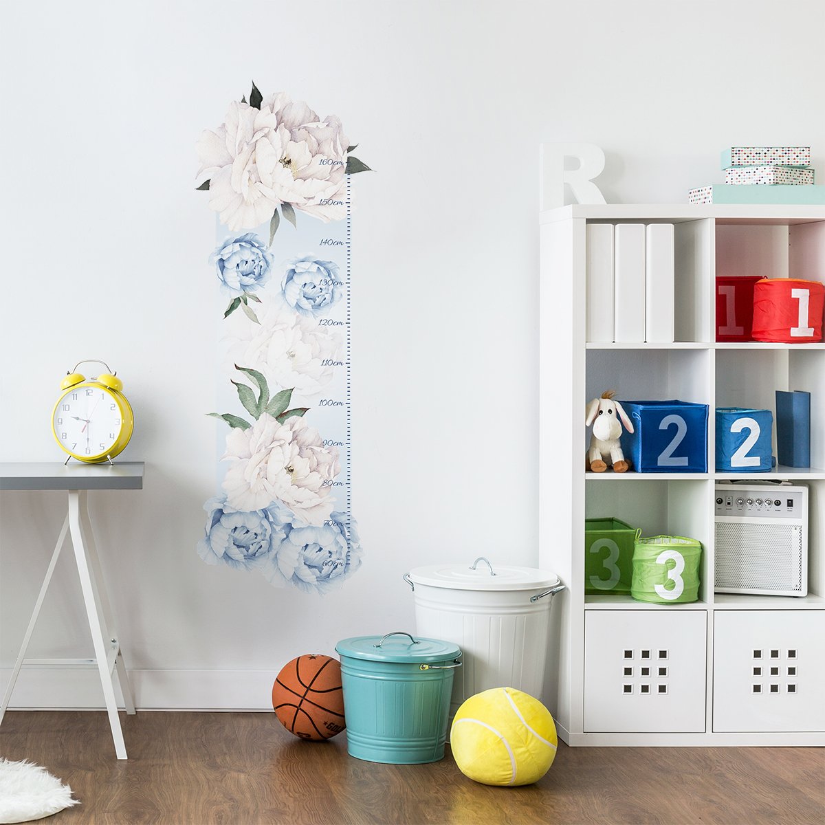 Naklejka na ścianę miarka wzrostu do pokoju dziecięcego niebieskie piwonie#kolor_niebieski