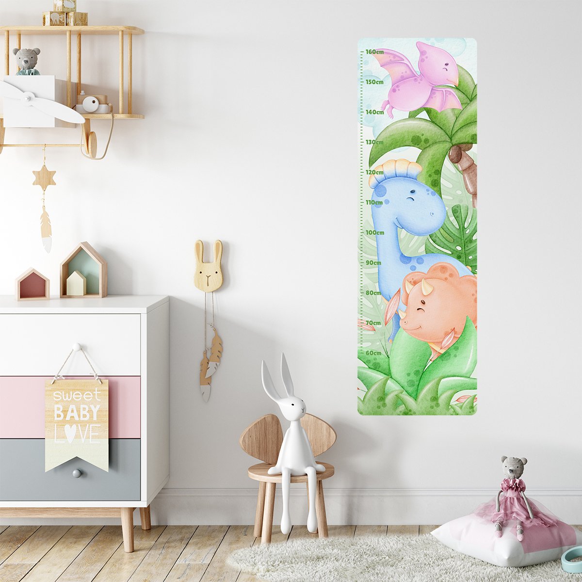 Naklejka na ścianę do pokoju dziecięcego miarka wzrostu kolorowe zwierzęta, dinozaury