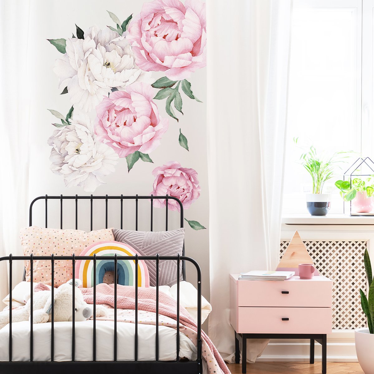 Naklejka na ścianę białe i różowe piwonie do pokoju młodzieżowego#kolor_rozowy