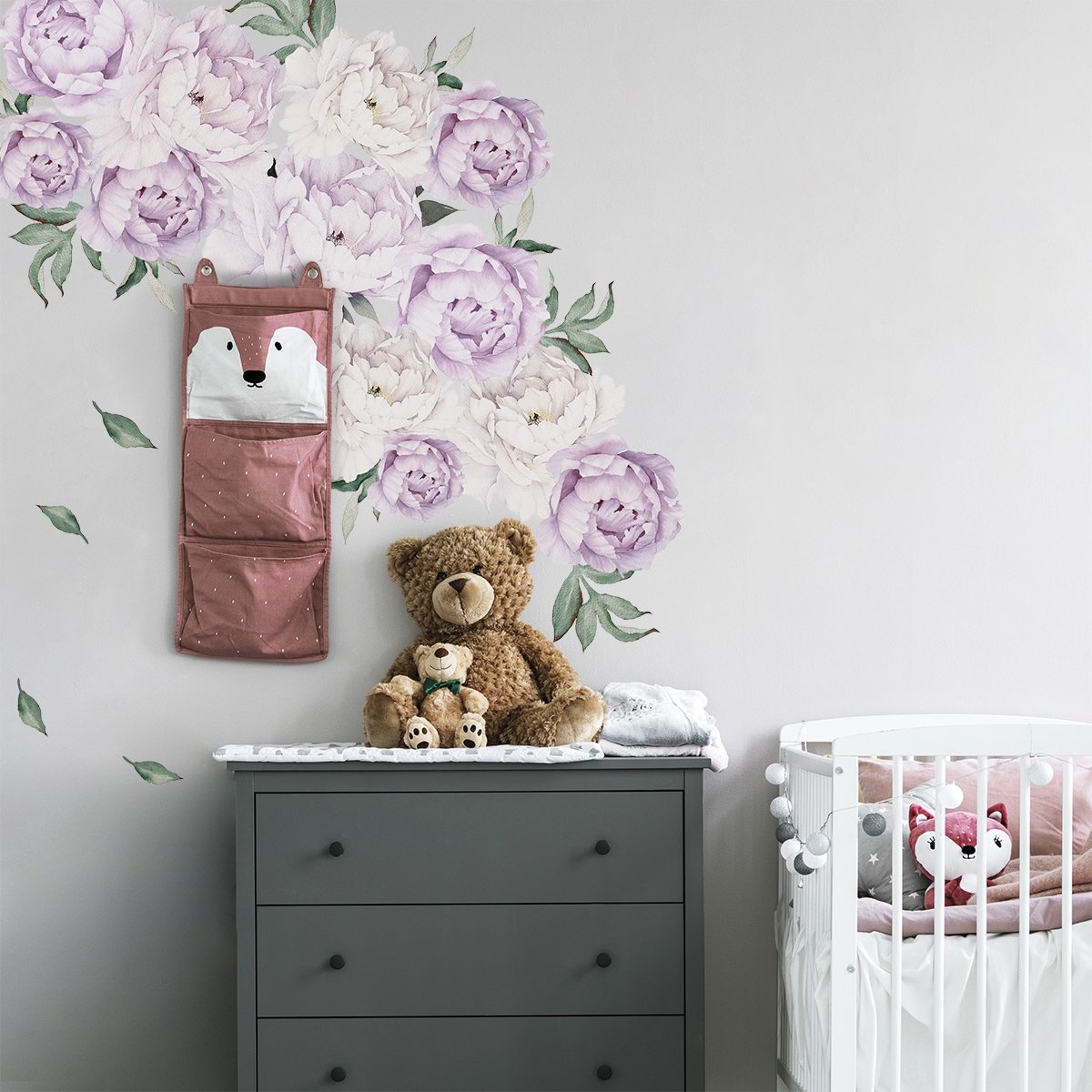 Naklejka na ścianę białe i fioletowe piwonie do pokoju małego dziecka#kolor_fioletowy