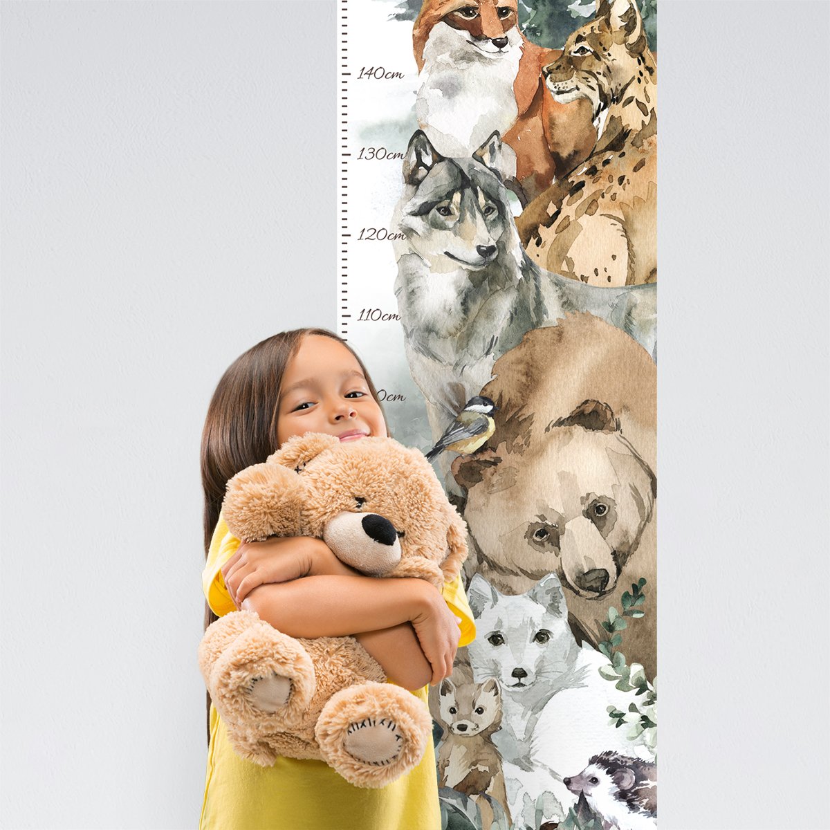 Naklejka ścienna miarka wzrostu dla dzieci zwierzęta leśne, lis, jeż, kuna, miś, wilk i ryś