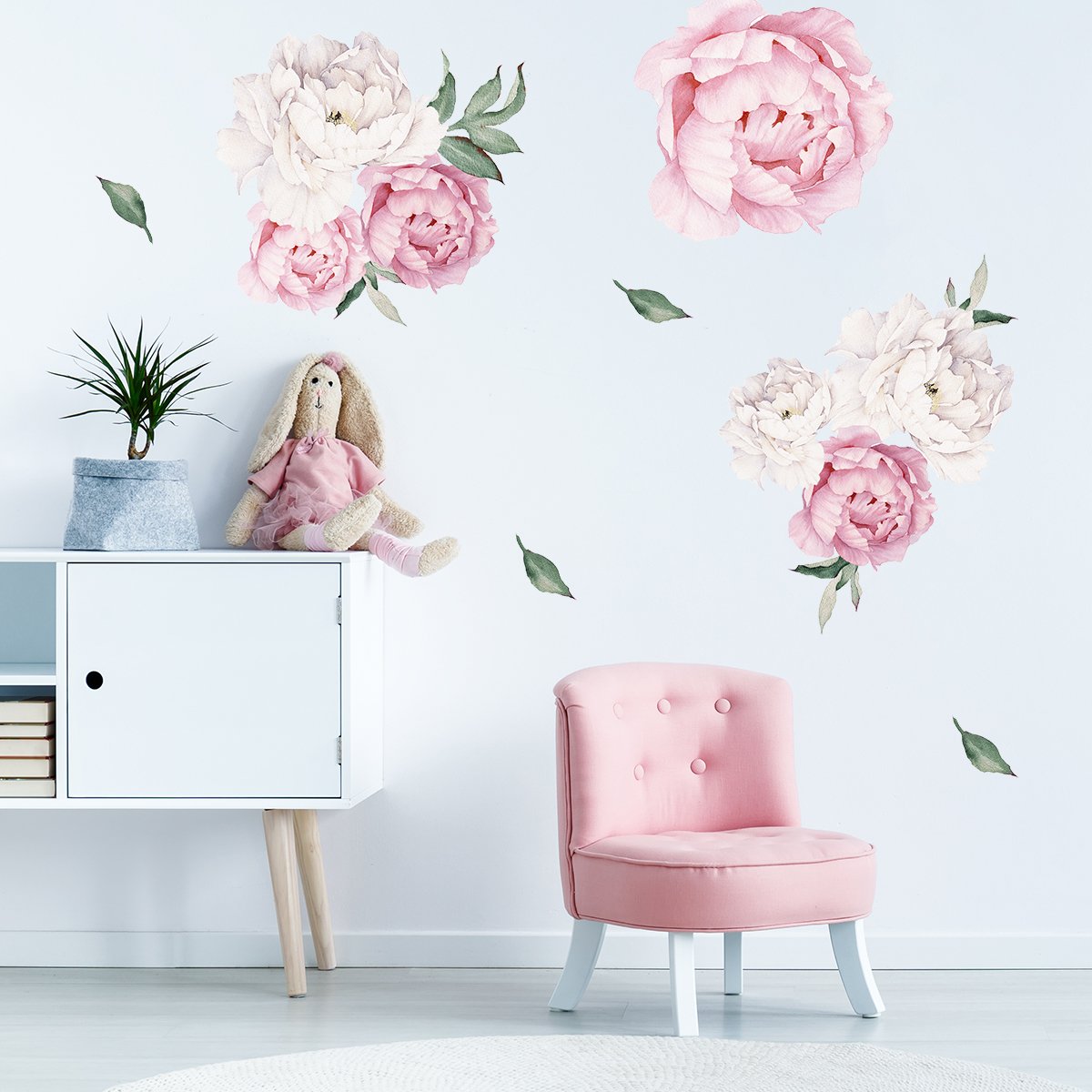 Naklejka ścienna białe piwonie i zielone liście do pokoju dziecięcego#kolor_rozowy