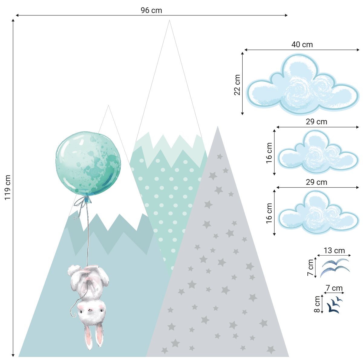 Naklejki dla dzieci miętowe góry i latające balony#kolor_mietowy