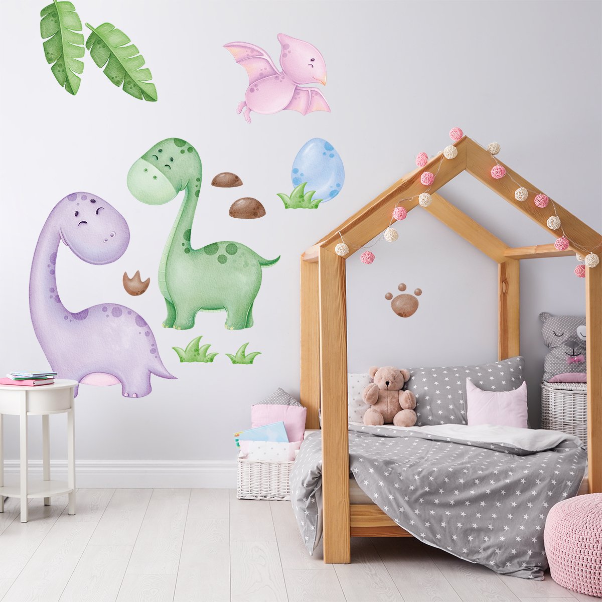 Naklejki na ścianę dla dzieci dinozaury, jajko i liście