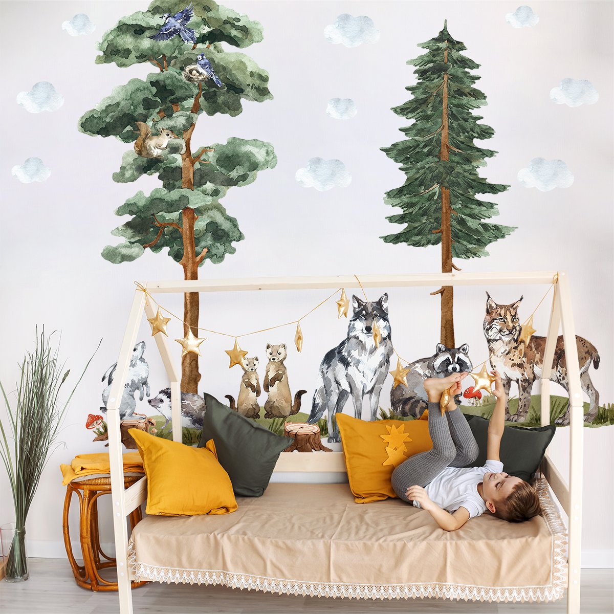 Kolorowe naklejki na ścianę dla dzieci las i zwierzęta leśne