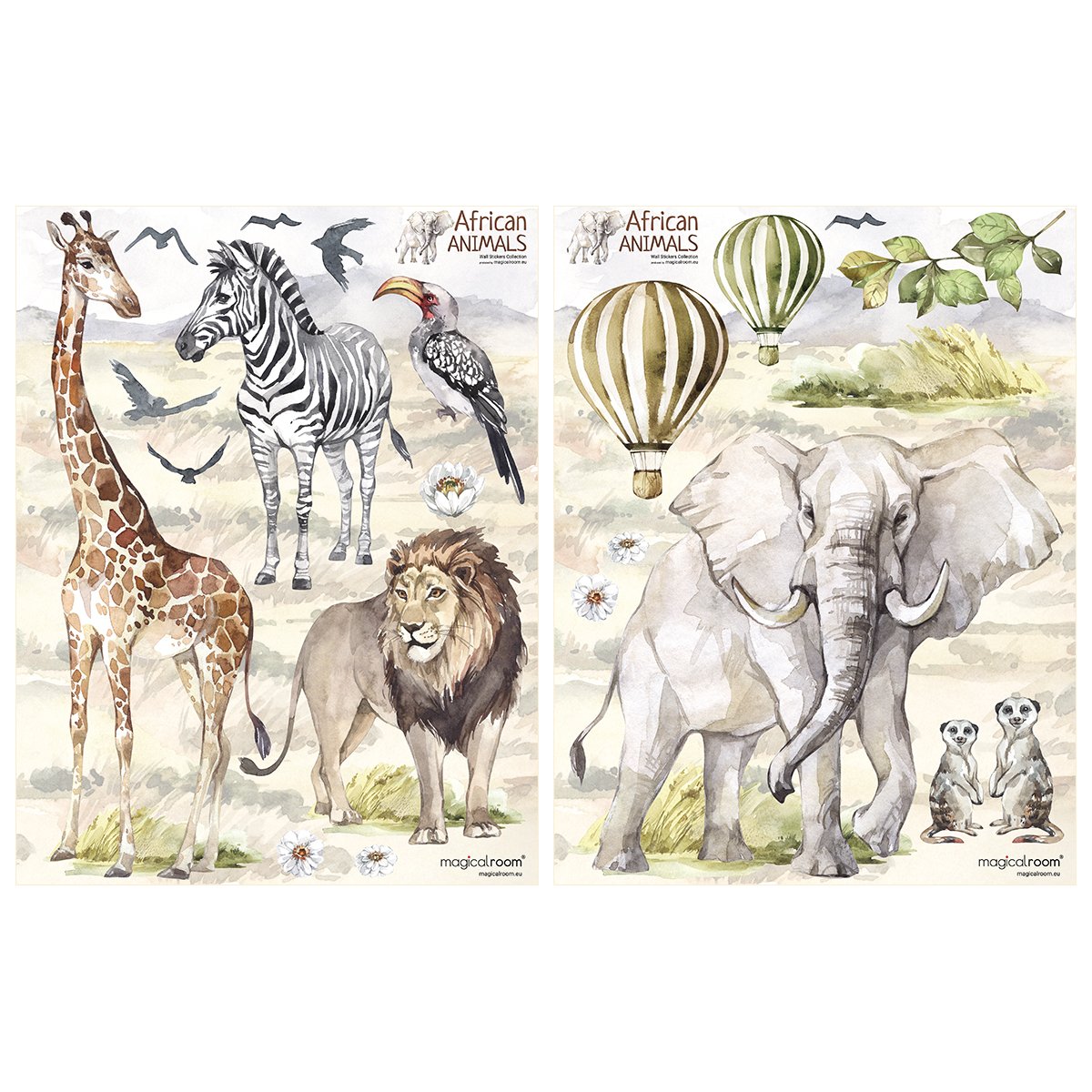 Kolorowe naklejki na ścianę dla małych dzieci zwierzęta Afryki, słoń, żyrafa zebra i lew