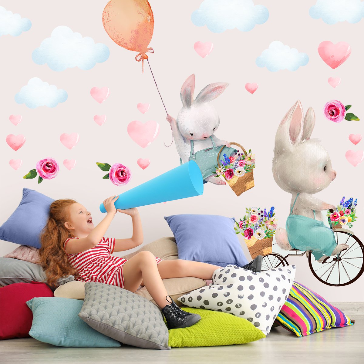 Duże naklejki na ścianę dla dziewczynki króliczki, serca i chmury