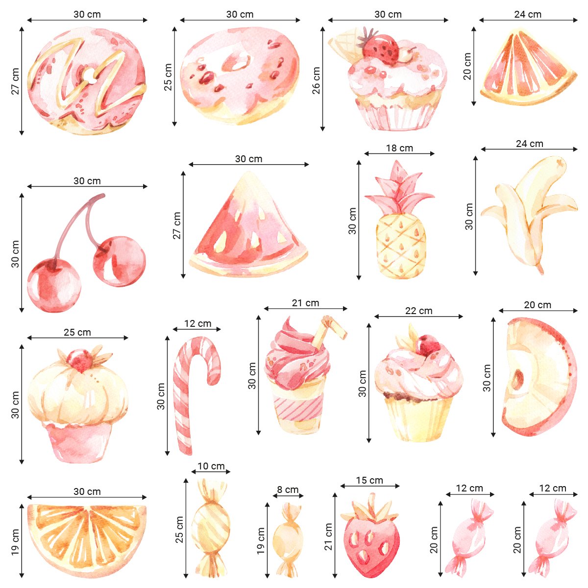 Naklejki na ścianę do ciastkarni z wypiekami, myffinkami i owocami w stylu skandynawskim