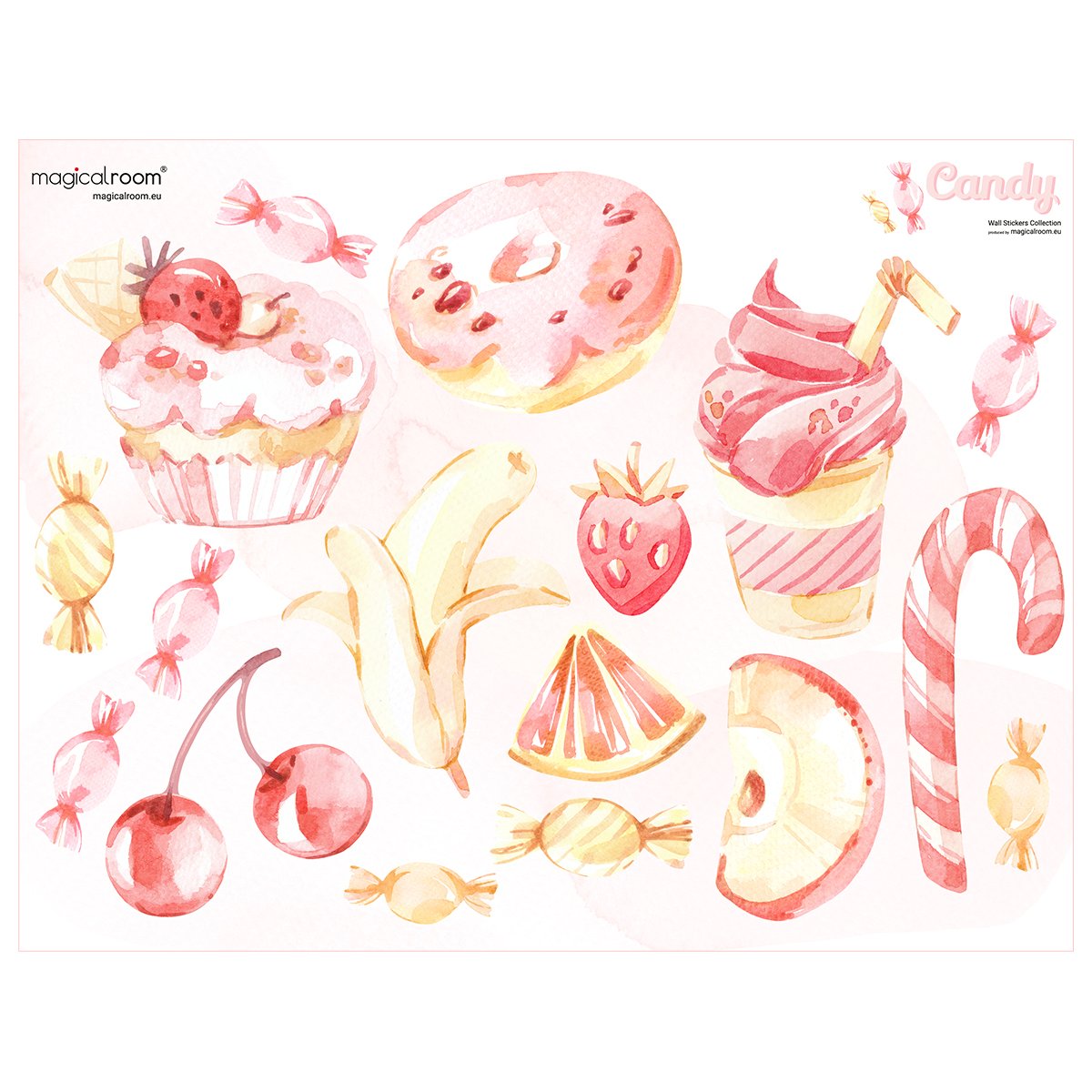 Pastelowe naklejki na ścianę do cukierni z muffinką, donutem , koktajlem mlecznym i owocami