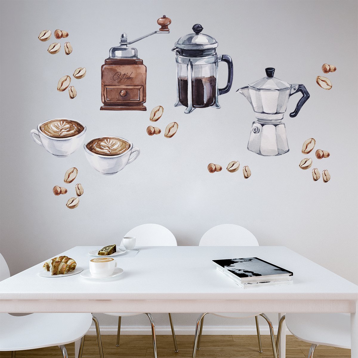 Naklejki na ścianę do jadalni filiżanki, dzbanek i młynek do kawy z ziarenkami w odcieniach brązu i beżu