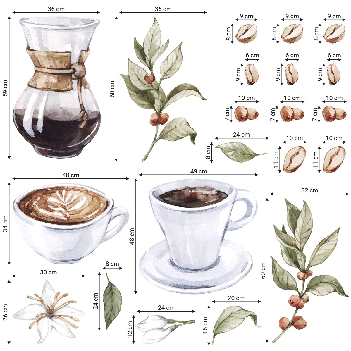 Naklejki na ścianę do jadalni z kawa i gałązkami kawy