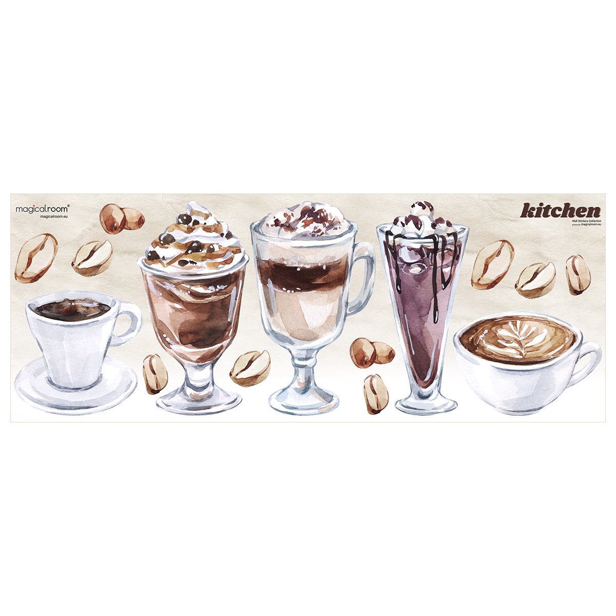 Akwarelowe naklejki na ścianę do jadalni z kawa i ziarenkami